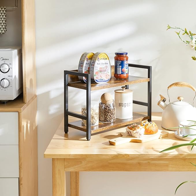 IBUYKE 2-Tier Spice Rack Industrial Counter Shelf Desktop Storage Organizer Standing Seasoning Rack for Countertop Kitchen Office Living Room Desktop Rustic Brown UTLJ002H-NeatNest