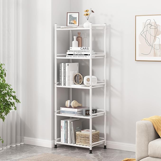 5 Tier Bathroom Storage Open Shelf Unit, Free-Standing Metal Corner Rack Shelving for Kitchen, Living Room, Hallway (White, Wider 5 Tier)-NeatNest