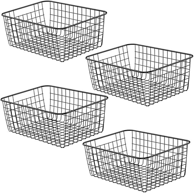 Metal Wire Basket Food Storage Organizer with Wooden Handles for Organizing Kitchen Cabinets, 4 Packs-Black-large-NeatNest