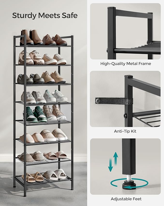 SONGMICS Narrow Shoe Rack, Sturdy 8 Tier Metal Tall Shoe Rack Shelf, Slim Shoe Storage Organizer for Closet Entryway Small Spaces, Vertical Shoe Stand Tower for 18 Pairs Shoes, Easy Assembly, Black-NeatNest