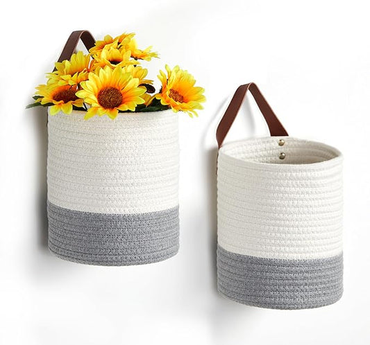 DULLEMELO Small Woven Rope Hanging Baskets - 2 Pack for Boho Wall Decor, 7 X 8 Inches Storage Basket with Handle, White&Grey-NeatNest