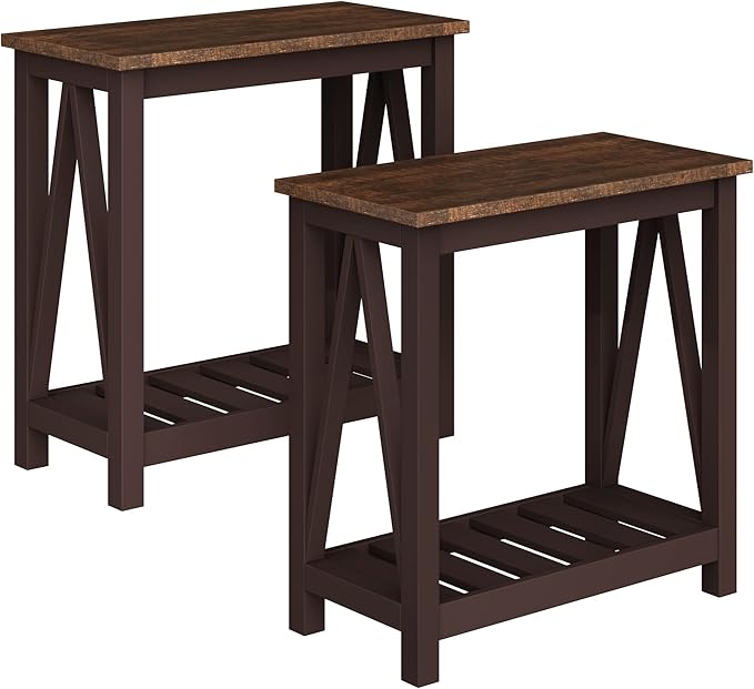 ChooChoo Farmhouse End Table, Rustic Vintage Narrow End Side Table with Storage Shelf for Small Spaces, Nightstand Sofa Table for Living Room, Bedroom Espresso 2 Pack-NeatNest