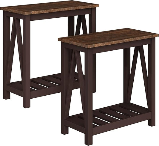ChooChoo Farmhouse End Table, Rustic Vintage Narrow End Side Table with Storage Shelf for Small Spaces, Nightstand Sofa Table for Living Room, Bedroom Espresso 2 Pack-NeatNest
