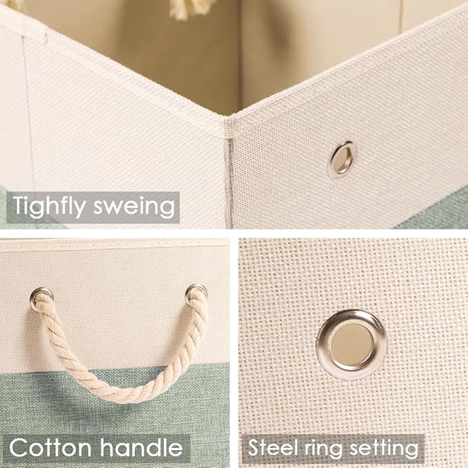 PRANDOM Large Foldable Cube Storage Bins 13x13 inch [4-Pack] Fabric Linen Storage Baskets Cubes Drawer with Cotton Handles Organizer for Shelves Nursery Closet Bedroom Beige/Green-NeatNest