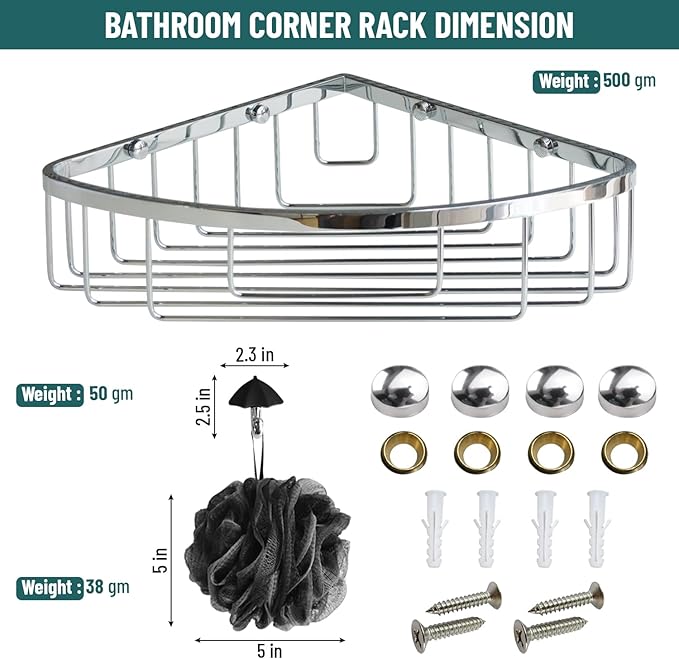 Stainless Steel Wall Mount Shower Caddy, Single Hook & Bath Wipe |Waterproof Durable Corner Shower Rack for Bathroom |Space Saving Bathroom Organizer & Storage for Shampoos Soap Bath Items | Silver