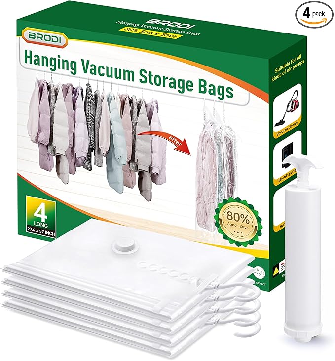 Hanging Vacuum Storage Bags For Clothes With Hand Pump,Coat Storage Bag Hanging,Vacuum Bags For Clothes,Space Saver Vacuum Storage Bags,Garment, Clothing, Dress, Suit, Long Coat, Jacket(Long 4 Pack）