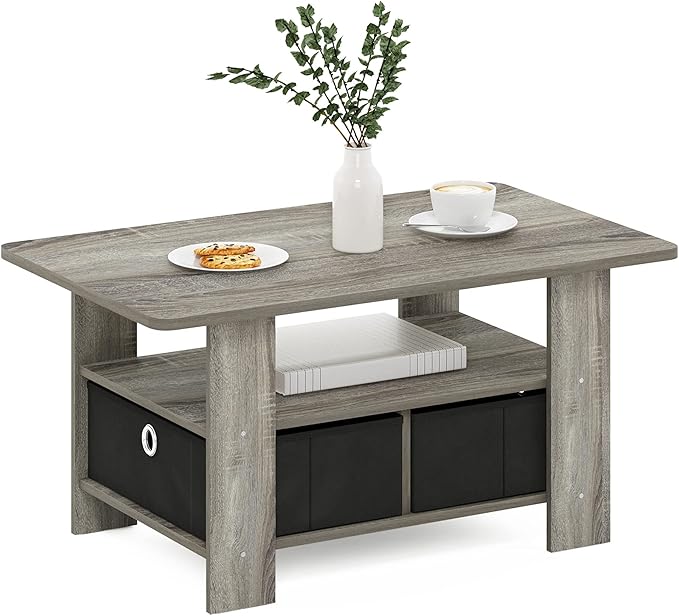 Furinno Andrey Coffee Table with Bin Drawer, French Oak Grey/Black-NeatNest