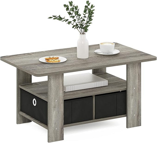 Furinno Andrey Coffee Table with Bin Drawer, French Oak Grey/Black-NeatNest