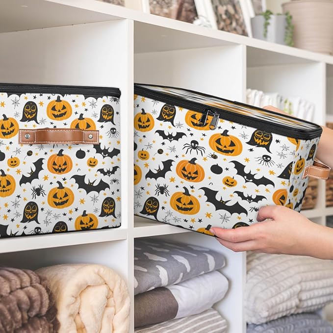 Halloween Pumpkin Storage Bins with Lids, Boho Ghosts Bat Fabric Storage Boxes with Zipper, Collapsible Decorative Closet Organizer Cube for Clothes,Organizing, Shelves-NeatNest