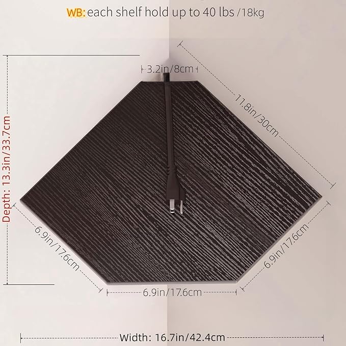 JJL Corner Shelves, 12 Inch Corner Shelf Wall Mounted with Wire Hole, 4 Tier 13.3 Inch Deep Wooden Corner Hanging Shelving for Wall Storage, for Speaker, Cable Box, Black-NeatNest