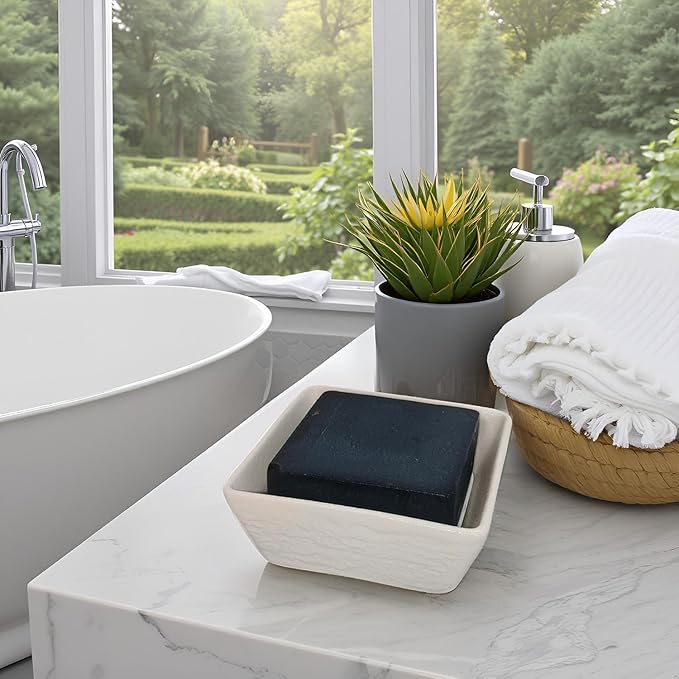 Ceramic Soap Dish, Vonpri Soap Holder Tray, Non-Slip Square Soapbox Container for Handmade Bar Bathroom Sink, Countertop, Shower Stone Texture (White)-NeatNest