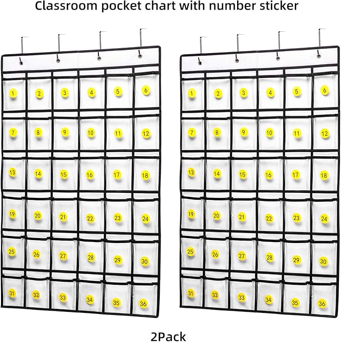 2 Pack 36 Pockets Classroom Pocket Chart for Cell Phone Calculator Holder,Clear Pocket Chart Organizer for Classroom Cellphone Storage with 36 Number Sticker Size:38.5x25.7 Inch (White-2pack)-NeatNest