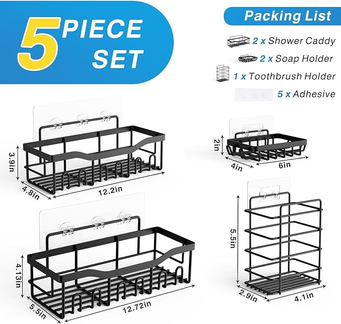 Adhesive Shower Caddy, 5 Pack Rustproof Stainless Steel Bath Organizers With Large Capacity, No Drilling Shelves for Bathroom Storage & Home Decor-XL Size-NeatNest