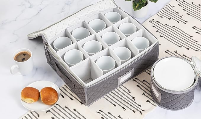 China Storage Case - Salad Plate Quilted Case - 10" W x 6" H - Gray - Includes 12 Felt Separators - Stackable With Padded Interior to Store your Dinnerware Dishes-NeatNest