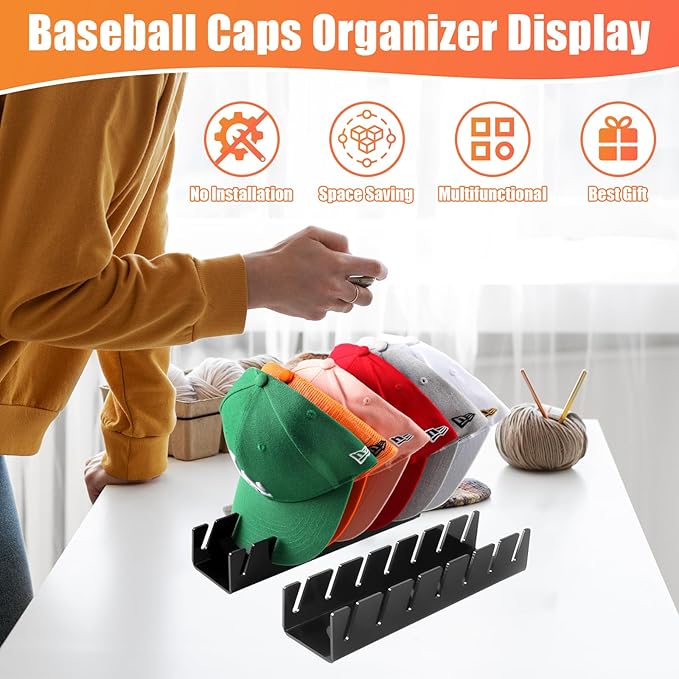 Hat Stand for Baseball Caps, 2 Pack No Install Acrylic Hat Organizer for 14 Baseball Caps Storage Organizer, Hat Racks Hat Holder Display and Organization for Closet, Bedroom, Dresser (Black-2Pack)-NeatNest
