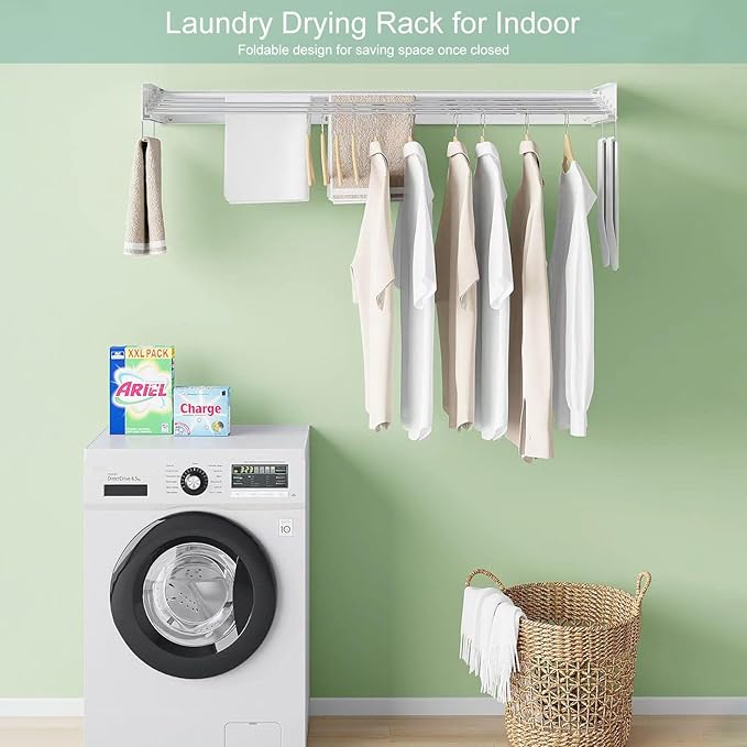 Wall Mounted Laundry Rack, Collapsible Clothes & Towel Drying Rack for Indoor & Outdoor, 40' W x 16.5 L Ft, 60 lb Capacity, White