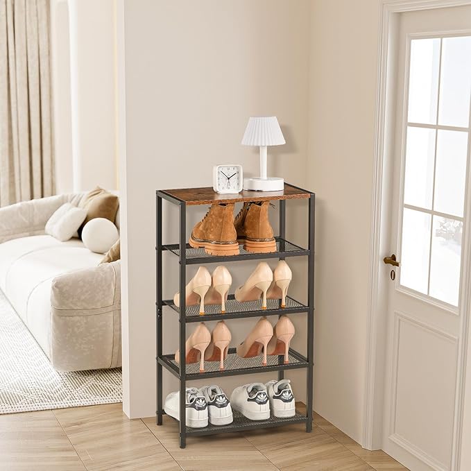 Metal 5 Tier Shoe Rack for Front Door Entrance, Entryway, and Closet Shoe Organizer with 4 Sturdy Metal Mesh Shelves and Wooden Top, Holds 10 Pairs, Ideal for Storage or Display-NeatNest