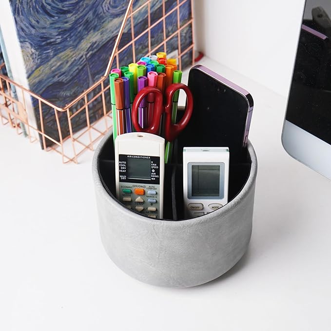 Hennaja Round Leather Art Supply Organizer,Remote Control Holder,360 Degree Spinning,Multi-Functional Pencil Holder,4 Compartments Desktop Stationary Organizer(1-Crazy Blue)-NeatNest