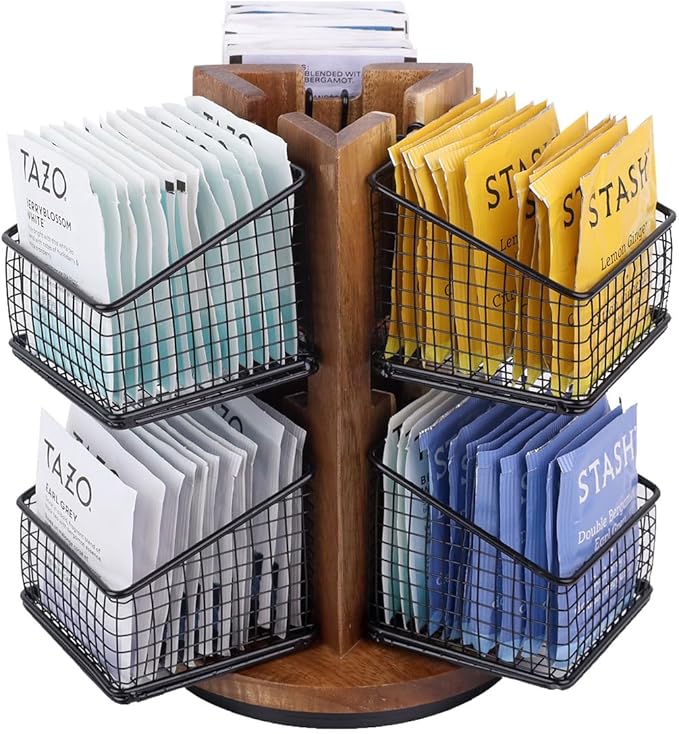 HTB Carousel Tea Bag Organizer for Counter, 2 Tier Tea Bag Holder with 6 Removable Tea Baskets and Acacia Wood Station, Tea Organizers and Storage for Cabinet, Countertop-NeatNest