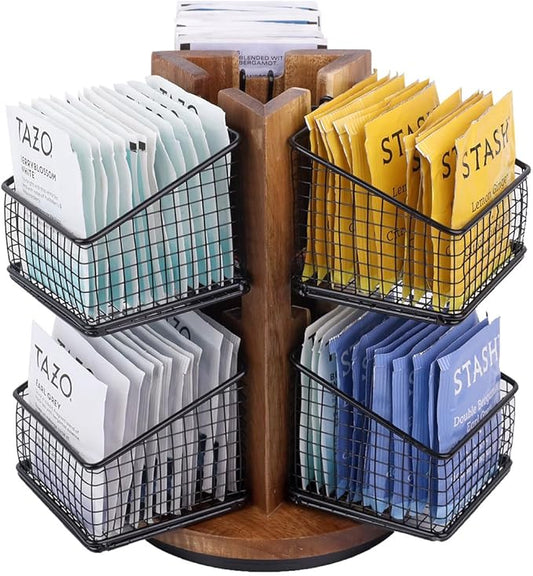 HTB Carousel Tea Bag Organizer for Counter, 2 Tier Tea Bag Holder with 6 Removable Tea Baskets and Acacia Wood Station, Tea Organizers and Storage for Cabinet, Countertop-NeatNest
