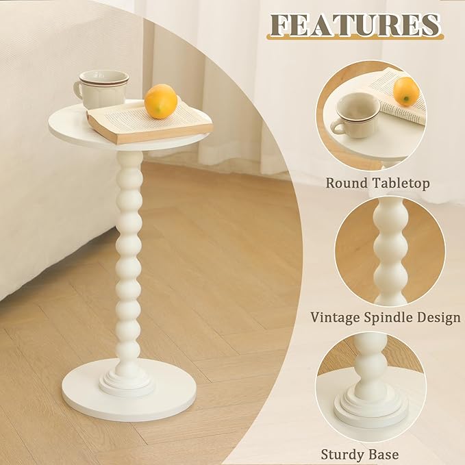 Round Side Table, Small Drink Table for Small Spaces, Modern Accent End Table Nightstand with Solid Wood Leg for Living Room, Bedroom, Corners, and Office (White)