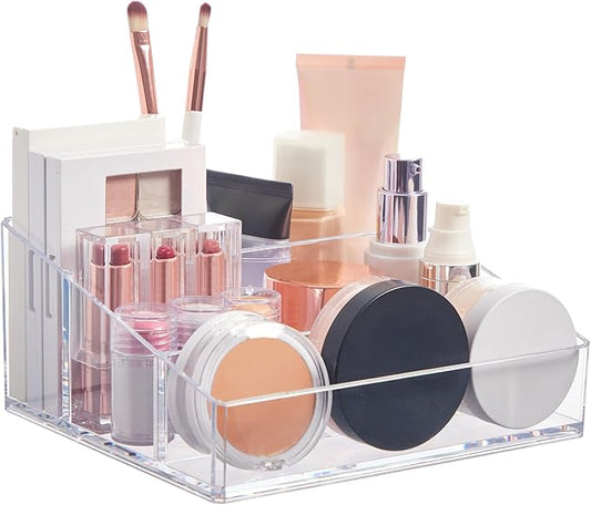 STORi Clear Plastic Small Countertop Vanity Makeup Organizer, Compact Rectangular 4-Compartment Holder for Brushes, Eyeshadow Palettes, & Beauty Supplies, Made in USA-NeatNest