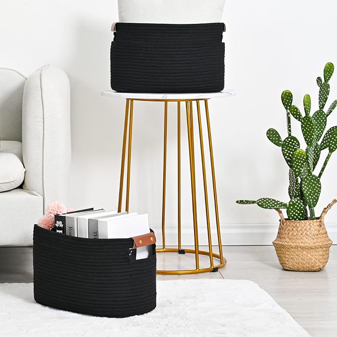 Cotton Rope Basket , Storage Baskets with Handle, 15x10x9 Inch Woven Basket for Shelves, Laundry, Towels, Clothes, Books, Toys (Black 1Pack)-NeatNest