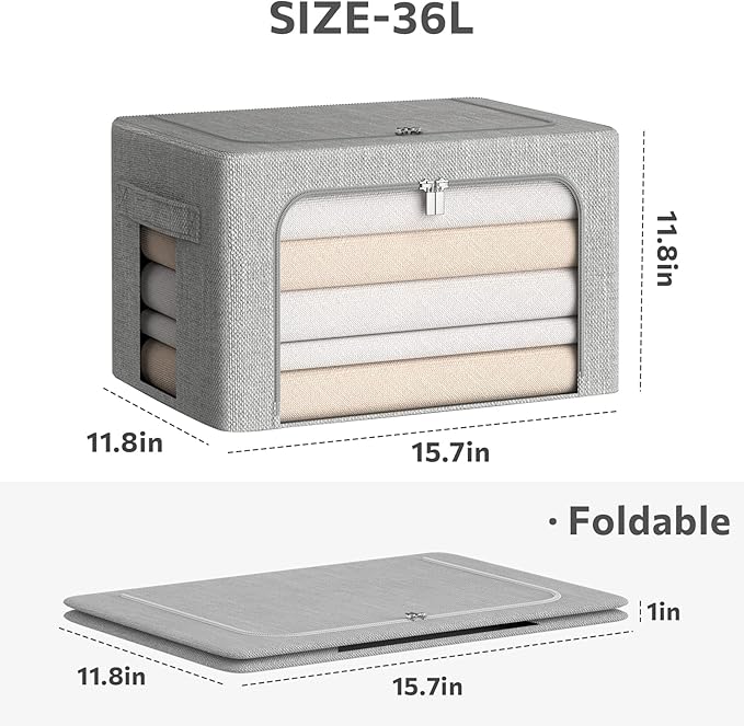 Clothes Storage Bins Box - Linen Fabric Foldable Stackable Container Organizer Set with Clear Window & Carry Handles & Metal Frame (Light Grey, Medium-36L)-NeatNest