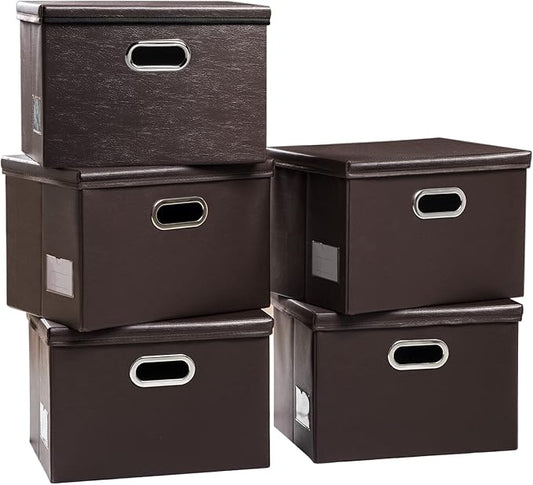 PRANDOM Foldable Storage Bins with Lids [5-Pack] Leather Fabric Collapsible Storage Boxes Organizer Containers Baskets Cube with Cover for Bedroom Closet Office Nursery Brown (14.9x10.8x10)-NeatNest