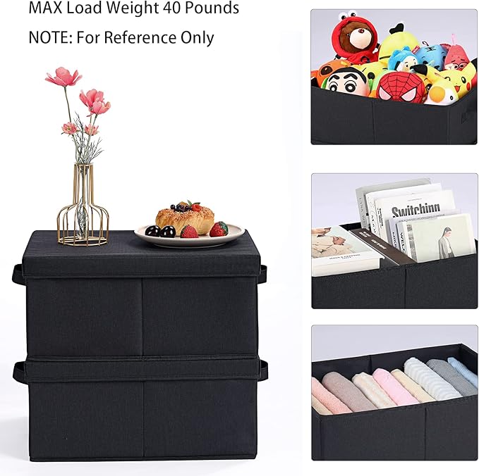 HOONEX Storage Bins with Lids for Organizing, Pack of 2, Storage Boxes with 2 Carrying Handles and Sturdy Heavy Cardboard, 16.5" L x 11.8" W x 7.5" H for Shoes, Books, Clothes, Black-NeatNest
