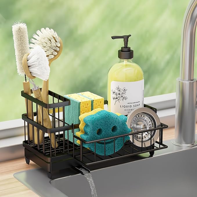 Consuemst Sponge Holder for Kitchen Sink - Auto Draining Sink Caddy Organizer with Detachable Rack, High Brush Holder, Kitchen Countertop Storage Accessories, Black-NeatNest