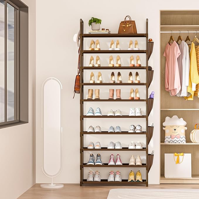 Tall Shoe Rack - 10 Tier Organizer for Closet, 30-35 Pairs, Large Capacity with 5 Hooks and Side Pocket, Sturdy Metal Shoe Shelf, Vertical Shoe Stand Tower-NeatNest