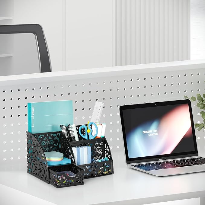 EasyPAG Desk Organizer with Sliding Drawer - 6 Compartments Metal Desktop Caddy, Decorative Elegant Hollow Flower Design, Anti-Scratch Pads for Home, Office, School, Black-NeatNest