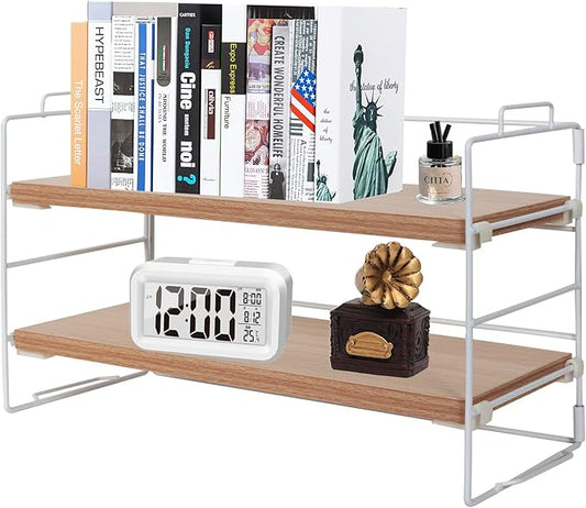 PowerKing Desk Shelf Organizer, 2-Tier Desktop Shelves with Wood Board, Adjustable Bookshelf Storage Rack for Home Office School Study Room (White Frame + Original Wood)-NeatNest