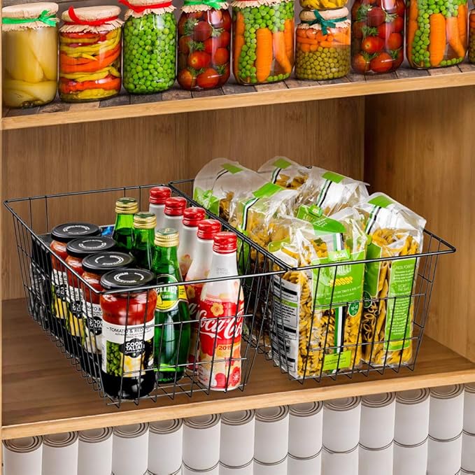 SANNO Wire Storage Baskets Freezer Baskets Farmhouse Organizer Storage Bins Large Organizer Bins for Storage, Office, Bathroom, Pantry Organization Storage Bins Rack with Handles 6 Pack