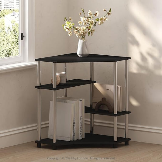 Furinno Turn-N-Tube Multipurpose Corner Shelf, Display Rack, Bookshelf, Americano, Stainless Steel Tubes-NeatNest