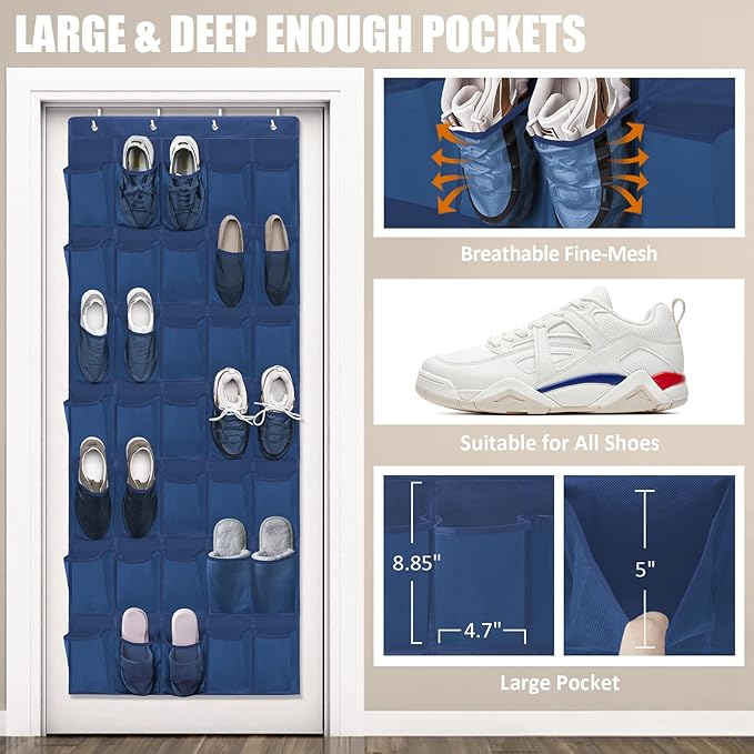 Over The Door Shoe Organizers 35 Mesh Pockets Hanging Shoe Organizer Shoe Rack For Door Closet Entryway Bedroom Bathroom Pantry - Shoe Holder Hanger For Sneakers, Women High Heeled Shoes Blue-NeatNest