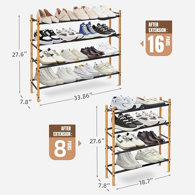 STORAGE MANIAC Expandable Shoe Rack, 12 Pairs Stackable Small Shoe Rack, Metal Adjustable Shoes Organizer for Closet, Entryway, Hallway, Garage, Front Door, Shoes Shelves, Bamboo 3 Tier-NeatNest