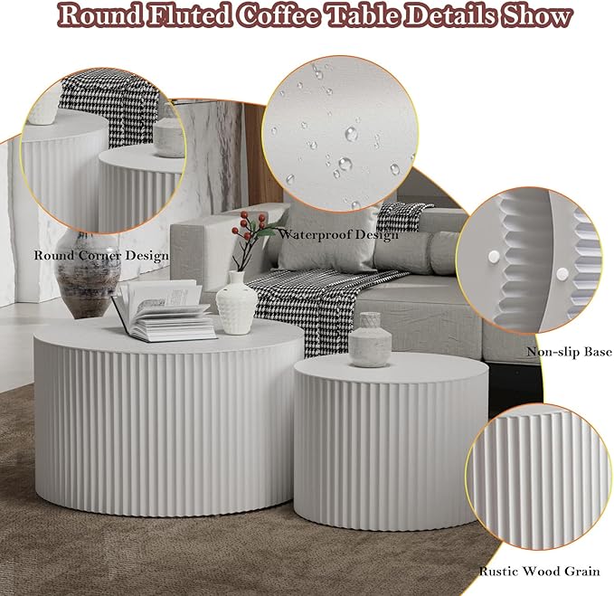 Round Nesting Coffee Table White Modern Circular Stripe Coffee Tables Set of 2 No Assembling for Small Space - Living Room Study Balcony (J-27.6+19.7in)