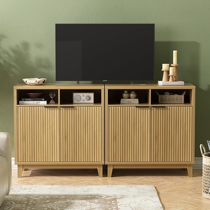 Buffet Cabinet with Storage - Elegant Fluted Storage Cabinet with Adjustable Shelves and Solid Wood Leg, Modern Buffet Sideboard for Living Room, Dining Room, Entryway-NeatNest