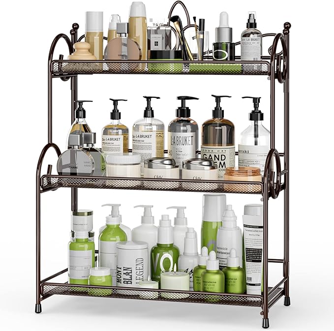 EKNITEY Bathroom Organizer Shelf Countertop - Kitchen Counter Organizer 3 Tier Bathroom Counter Shelves for Makeup Vanity Organizer Brown (No Assembly)