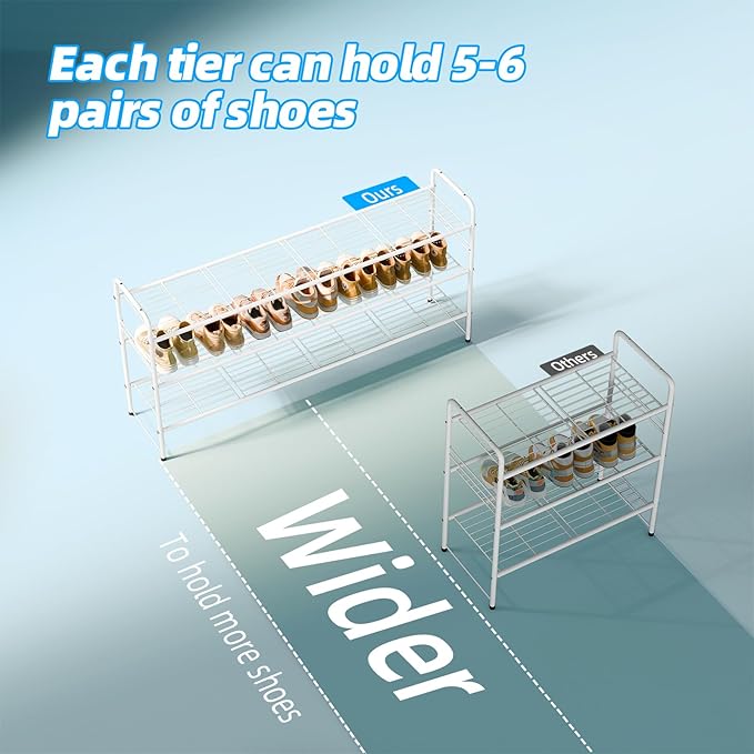 3 Tier Shoe Rack for Closet, 46.5 Inch Extra Long Shoe Storage Organizer for Shelves, Heavy Duty Metal, Easy Assembly, White-NeatNest