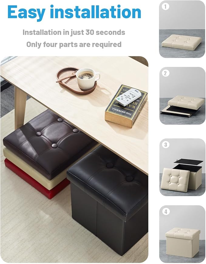 AmasSmile Storage Ottoman Folding Foot Rest Stool with Side Pocket, 16 inches Leather Footstool Bench, Short Ottoman Bench, Storage Foot Rest Store, Books, Beige-NeatNest