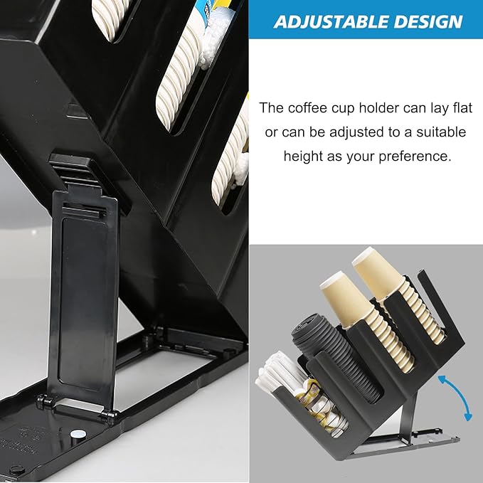 2 Pack Paper Cup and Lid Holder, Adjustable Coffee Cup Holder with Straw Organizer, 4 Compartment Disposable Cup Dispenser with Coffee Pod Basket for Countertop Coffee Station Bar Breakroom, Black-NeatNest