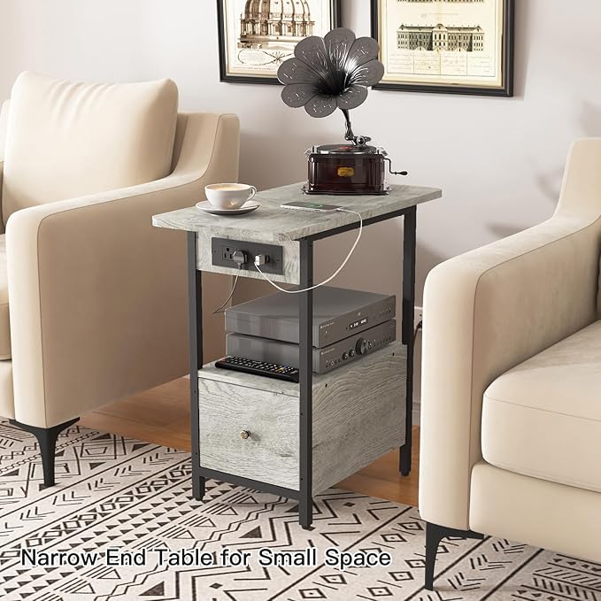 LIDYUK End Table with Charging Station, Narrow Side Table with Drawer and USB Ports & Power Outlets, Nightstand Bedside Tables for Small Spaces, Bedroom, Living Room, Light Grey, Set of 2
