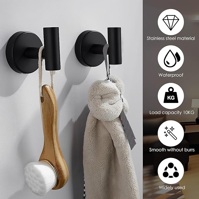 4PCS Bathroom Towel Hook, Black Coat Robe Hook Matte Black, Stainless Steel Wall Hook for Bathroom Bedroom Kitchen Cabinet Closet Hotel, Heavy Duty Drill-Installed Door/Wall Hanger