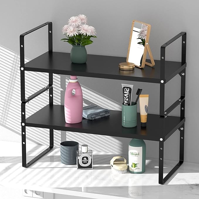 Expandable Kitchen Cabinet Shelf Organizers 3 Pack, Stackable Metal Pantry Storage Shelves Rack, Adjustable Counter Shelf for Cabinets, Countertop, Cupboard Organizers and Storage, Black-NeatNest