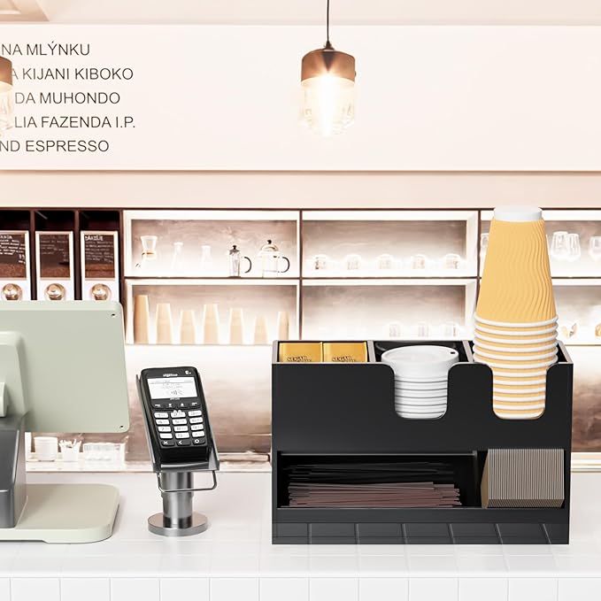 Coffee Condiment and Cup Organizer - 2-Tier Upright Cup and Lid Holder with Straw Organizer 4 Compartments Black Acrylic Cup Dispenser for Restaurant Breakroom Coffee Station Countertop-NeatNest