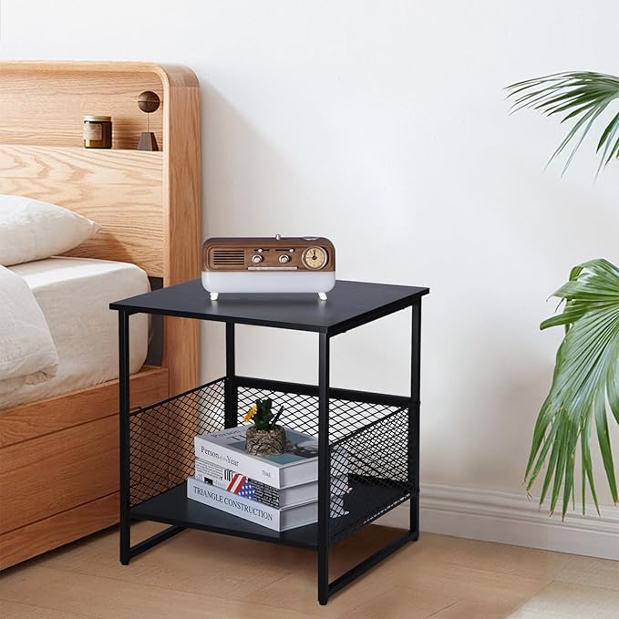 End Table, Square Side Table, Couch Side Table with 2 Tier Storage, Great for Printer Stand, Mini Fridge Stand, Nightstand, Ideal for Living Room, Bedroom, Office（2 Pack）