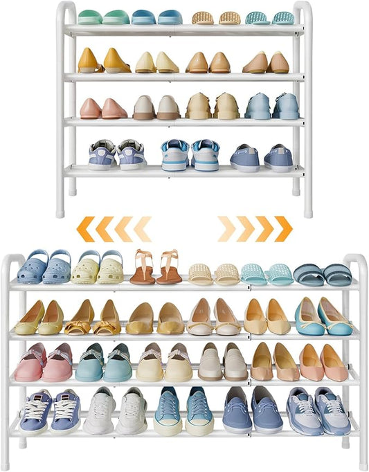 Shoe Rack for Closet,4 Tier Shoe Organizer, 28“ Metal Shelf Can Expandable to 42“, for Bedroom, Entryway, Living Room, Garage, Adjustable to 24 Pairs Shoes, White-NeatNest